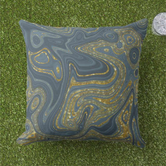 Dusty Blue and Gold Marble Look Pattern Cushion (Grass)