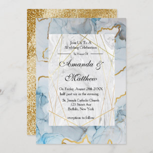 Dusty Blue and Gold Marble Wedding Invitations 