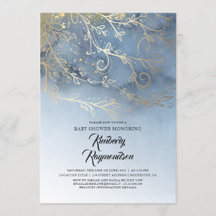 Dusty Blue and Gold Modern Elegant Baby Shower Invitation