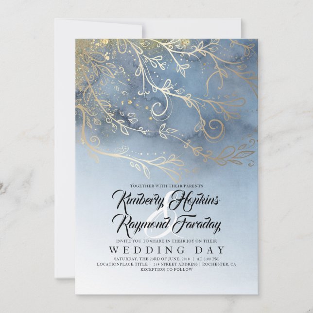 Dusty Blue and Gold Modern Watercolor Wedding Invitation (Front)