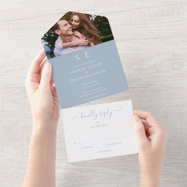 Dusty Blue And Gold Monogram Photo Wedding All In One Invitation (Tearaway)