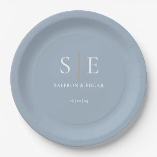 Dusty Blue And Gold Monogram Wedding Paper Plate