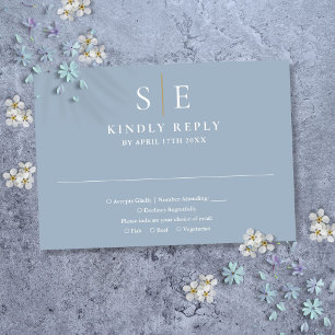 Dusty Blue And Gold Monogram Wedding RSVP Card