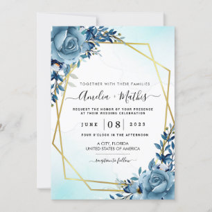 Dusty Blue and Gold Spring Watercolor Floral Invitation