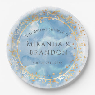 Dusty Blue and Gold Watercolor Bridal Shower Paper Plate