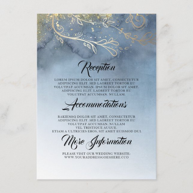 Dusty Blue and Gold Wedding Information Enclosure Card (Front)