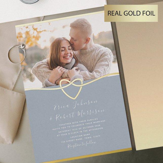 Dusty Blue and Gold Wedding Invitation with Photo (Creator Uploaded)