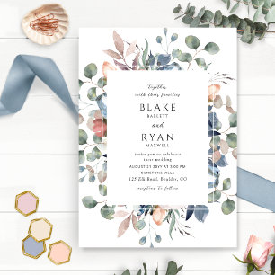 Dusty Blue and Greenery Blissful Floral Wedding Invitation