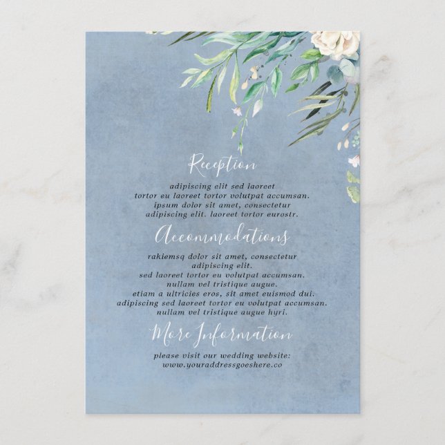 Dusty Blue and Greenery Wedding Information Guest Enclosure Card (Front)
