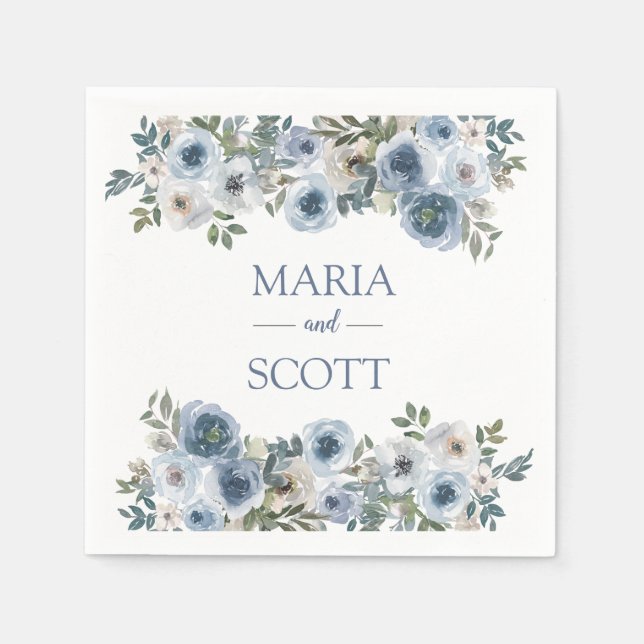 Dusty Blue And Grey Floral Botanical Wedding Napki Napkin (Front)