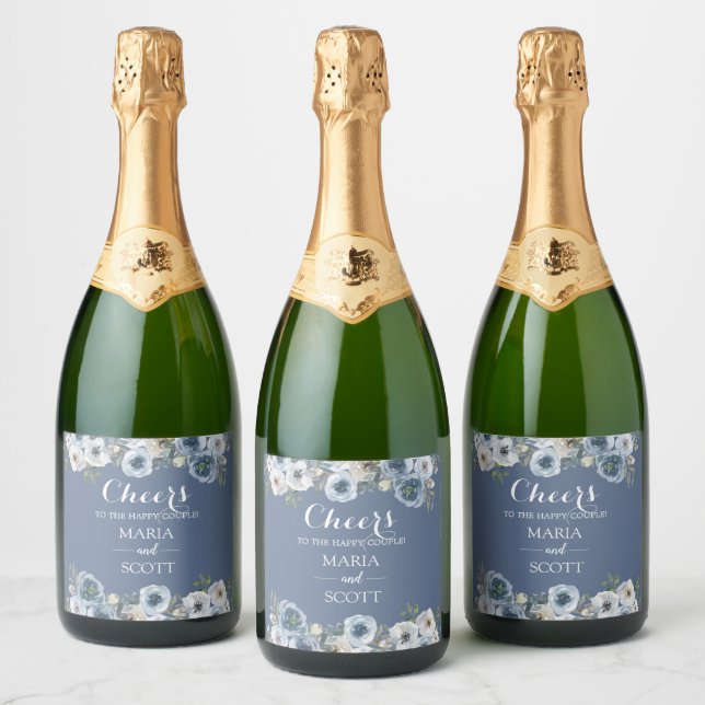 Dusty Blue And Grey Floral Botanical Wedding   Sparkling Wine Label (Bottles)