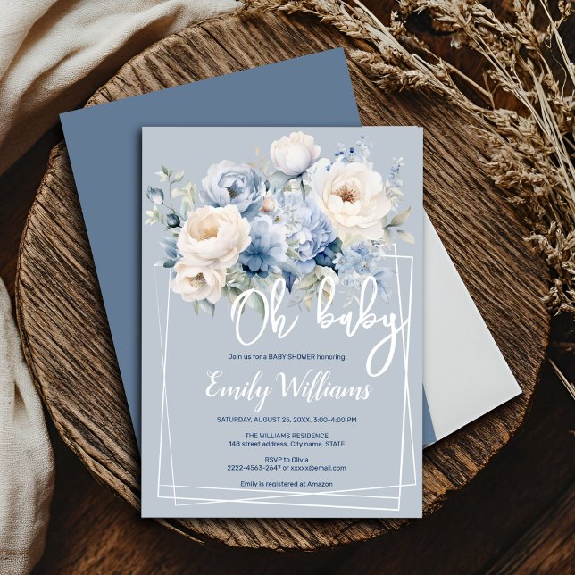 Dusty blue and ivory floral baby shower invitation (Blue and white roses and peonies floral watercolor baby shower invitation )
