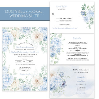 Dusty Blue and Ivory Floral Wedding  Invitation