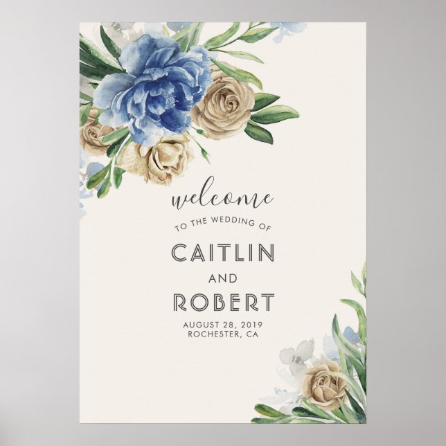 Dusty Blue and Ivory Flowers Poster (Front)
