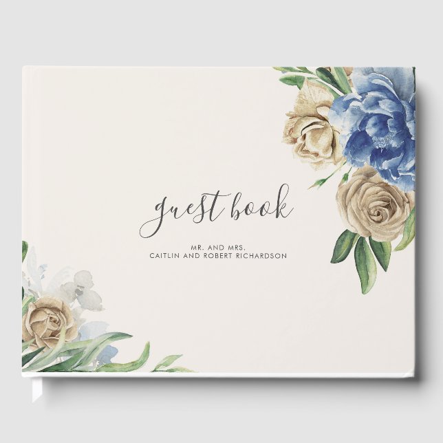 Dusty Blue and Ivory Flowers Wedding Guest Book (Front)