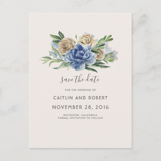 Dusty Blue and Ivory Rustic Floral Save the Date Announcement Postcard (Front)