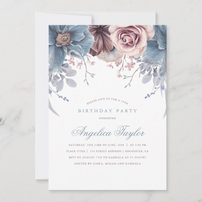Dusty Blue and Mauve Floral Birthday Party Invitation (Front)