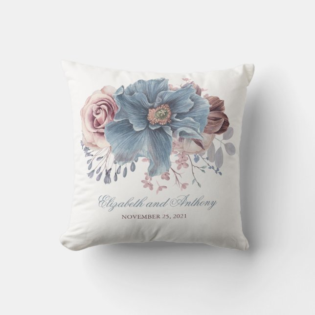 Dusty Blue and Mauve Floral Elegant Watercolor Cushion (Front)
