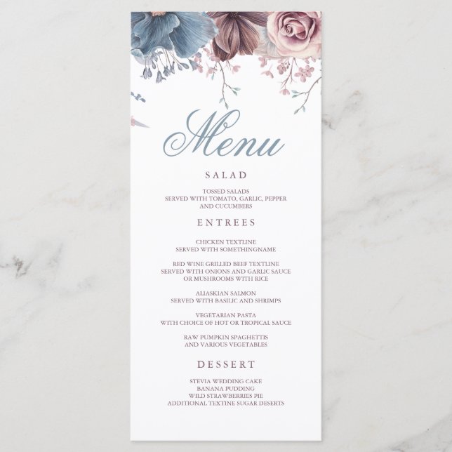 Dusty Blue and Mauve Floral Modern Wedding Menus (Front)
