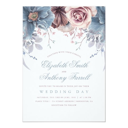 Dusty Blue And Mauve Watercolor Floral Wedding Invitation Zazzle