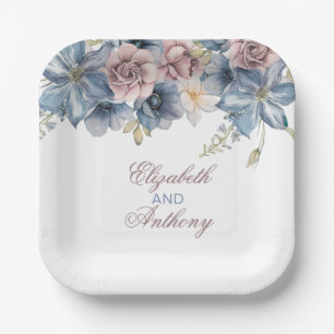 Dusty Blue and Mauve Watercolor Floral Wedding  Paper Plate