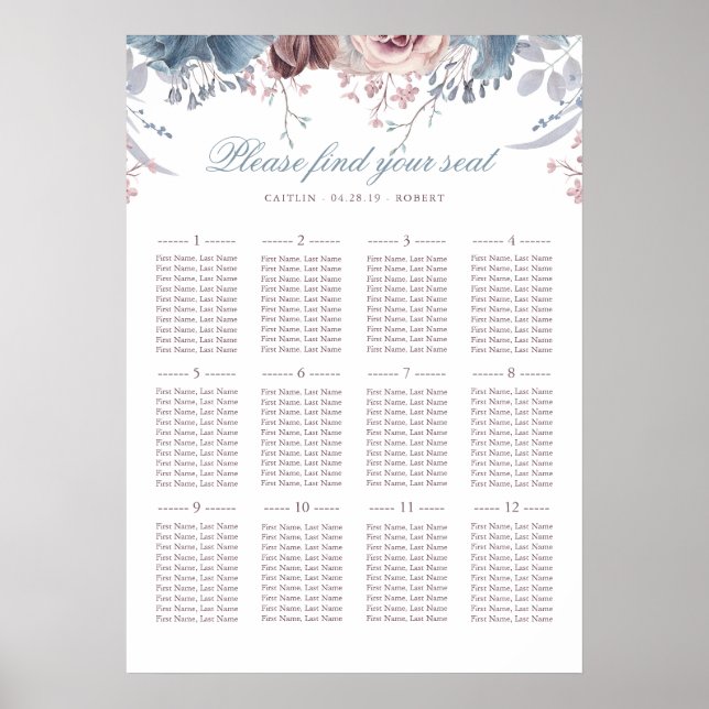 Dusty Blue and Mauve Wedding Seating Chart (Front)