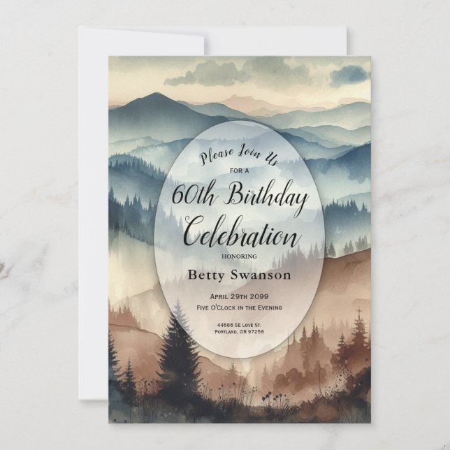 Dusty Blue and Mocha Brown Mountains Custom Year Invitation (Front)