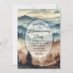 Dusty Blue and Mocha Brown Mountains Housewarming Invitation