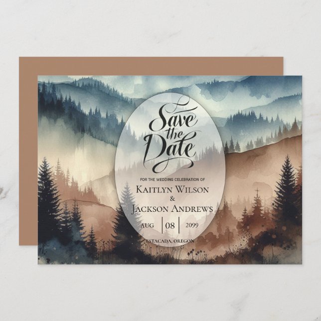 Dusty Blue and Mocha Brown Mountains Save The Date (Front/Back)