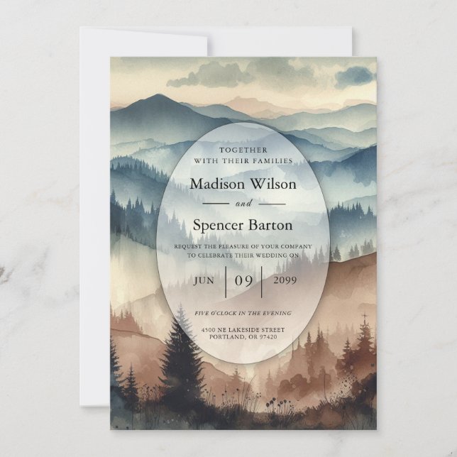 Dusty Blue and Mocha Brown Mountains Wedding Invitation (Front)