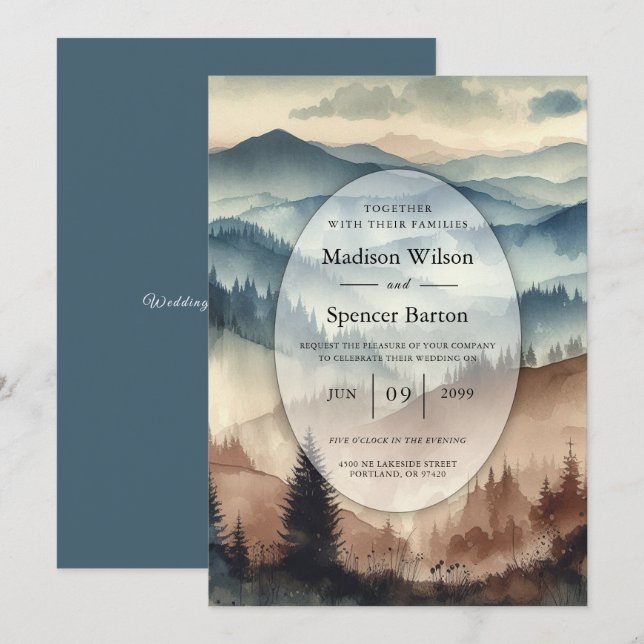 Dusty Blue and Mocha Brown Mountains Wedding Invitation (Front/Back)