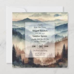 Dusty Blue and Mocha Brown Mountains Wedding Invitation
