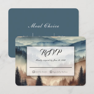 Dusty Blue and Mocha Brown Mountains Wedding RSVP Card
