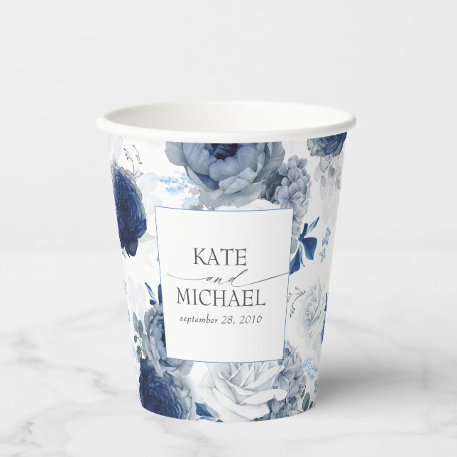 Dusty Blue and Navy Blue Floral Botanical Paper Cups (Front)