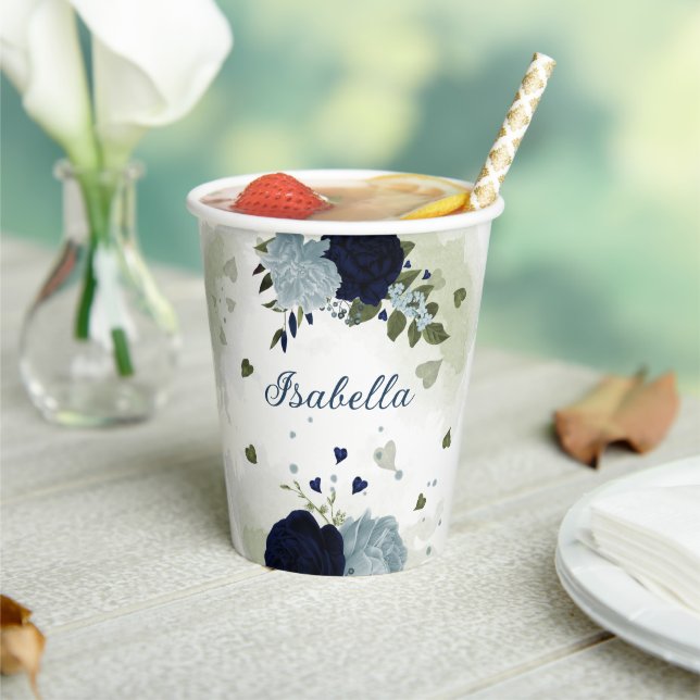 Dusty blue and navy blue flowers greenery paper cups (Insitu)