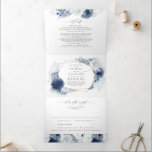 Dusty Blue and Navy Floral Botanical Wedding Tri-Fold Invitation<br><div class="desc">This gorgeous dusty blue and navy blue flowers wedding tri-fold invitation is a perfect choice for your bohemian,  modern wedding.
Elegant all-in-one design features your photo and includes a wedding invitation,  wedding details,  and a self-addressed RSVP card that guests can cut off and mail back to you.</div>