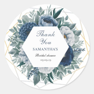 Dusty Blue and navy Floral Bridal Shower Classic Round Sticker