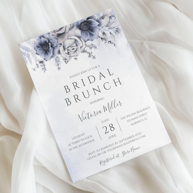 Dusty Blue And Navy Floral Elegant Bridal Brunch Invitation (Creator Uploaded)