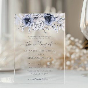 Dusty Blue And Navy Floral Elegant Wedding Acrylic Invitations