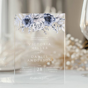 Dusty Blue And Navy Floral Elegant Wedding Acrylic Invitations