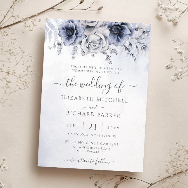 Dusty Blue And Navy Floral Elegant Wedding Invitation (Creator Uploaded)