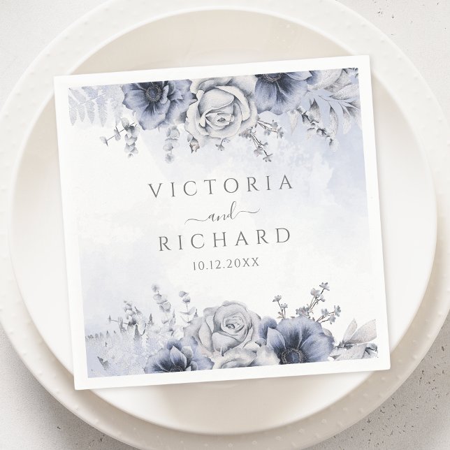 Dusty Blue And Navy Floral Elegant Wedding Napkin (Creator Uploaded)