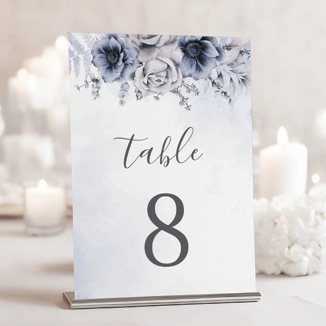 Dusty Blue And Navy Floral Elegant Wedding Table Number (Creator Uploaded)