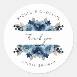 Dusty Blue and Navy Floral Thank You Classic Round Sticker