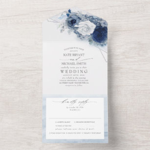 Dusty Blue and Navy Flowers Elegant Modern Wedding All In One Invitation