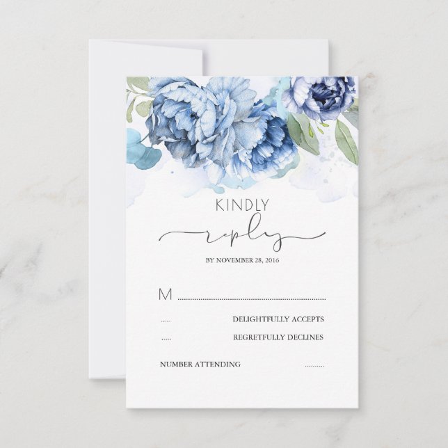 Dusty Blue and Navy Flowers Wedding RSVP Card (Front)