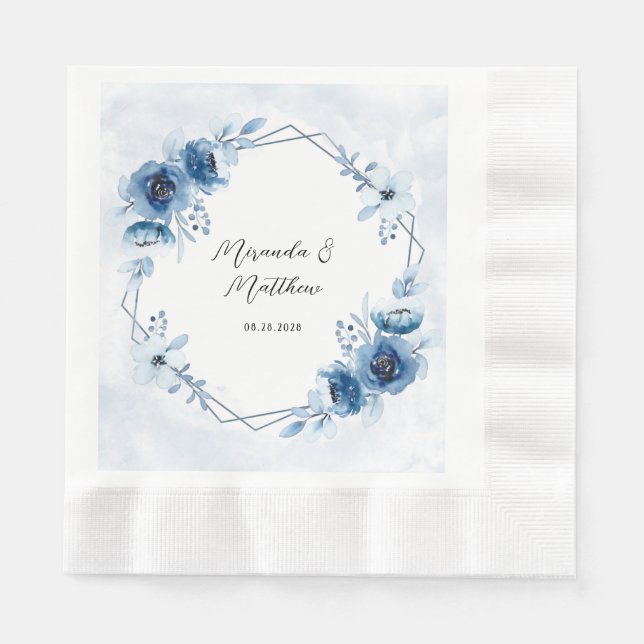 Dusty Blue and Navy Watercolor Floral Wedding Napkin (Front)
