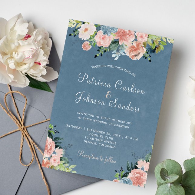 Dusty blue and peach blush rustic floral wedding invitation (Creator Uploaded)