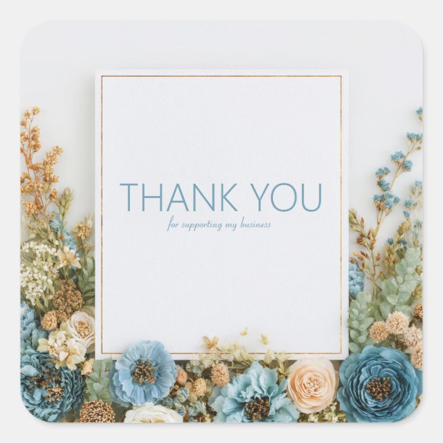 Dusty Blue and Peach Botanical Thank You Square Sticker (Front)