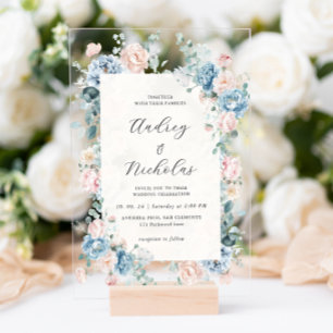 Dusty Blue and Peach Elegant Floral Wedding Acrylic Invitations